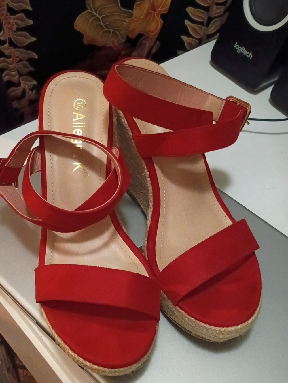Allegra K Red Espadrille Wedge Sandals with Ankle Strap